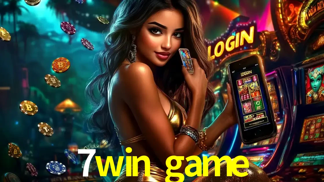 Mulher em um cenário de cassino temático de aventura, mostrando o app de caça-níqueis da 7win game no celular. Fichas de apostas flutuam ao redor.