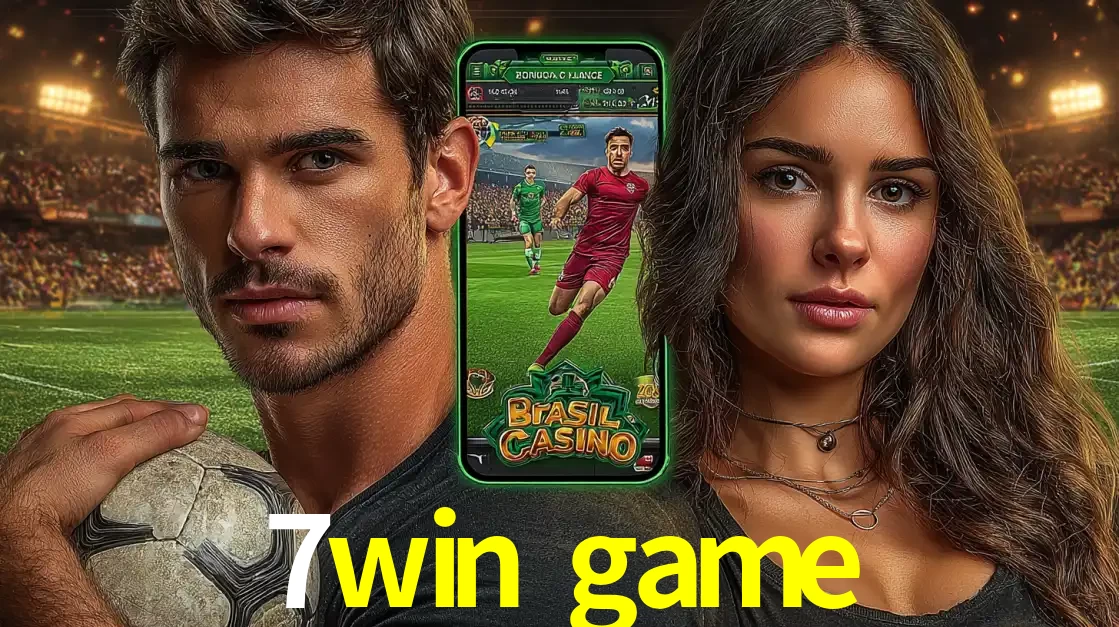 Homem segurando uma bola de futebol e uma mulher ao lado de um smartphone exibindo o jogo de apostas esportivas da 7win game. Faça seu palpite no cassino online.